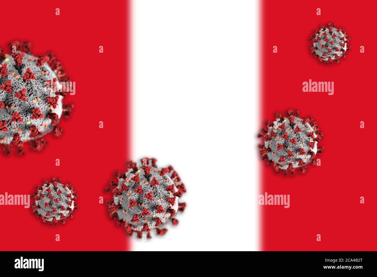 Concept de coronavirus ou de particules Covid-19 qui éclipsent le drapeau flou du Pérou en arrière-plan. Banque D'Images