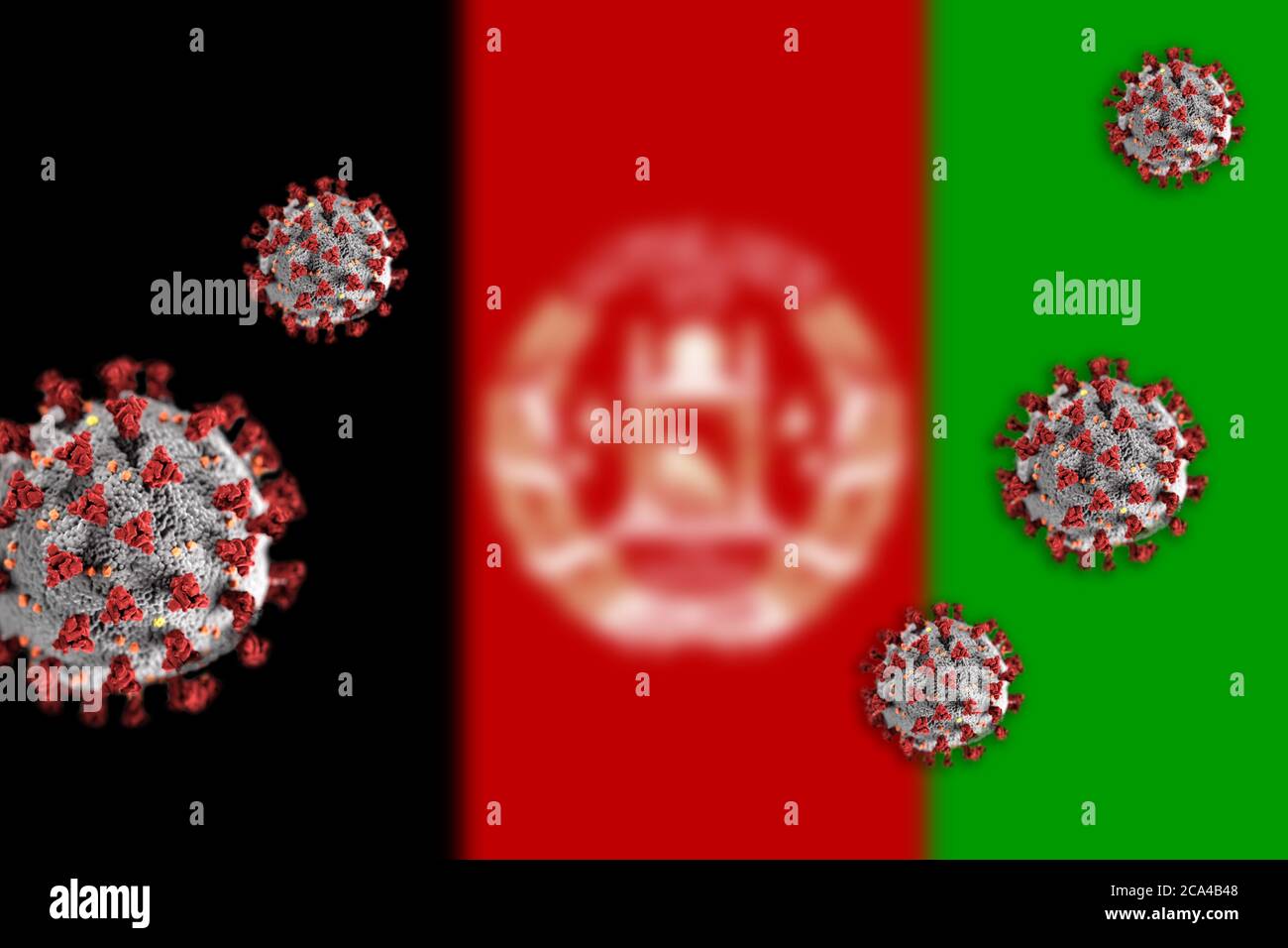 Concept de coronavirus ou de particules Covid-19 qui éclipsent le drapeau flou de l'Afghanistan en arrière-plan. Banque D'Images