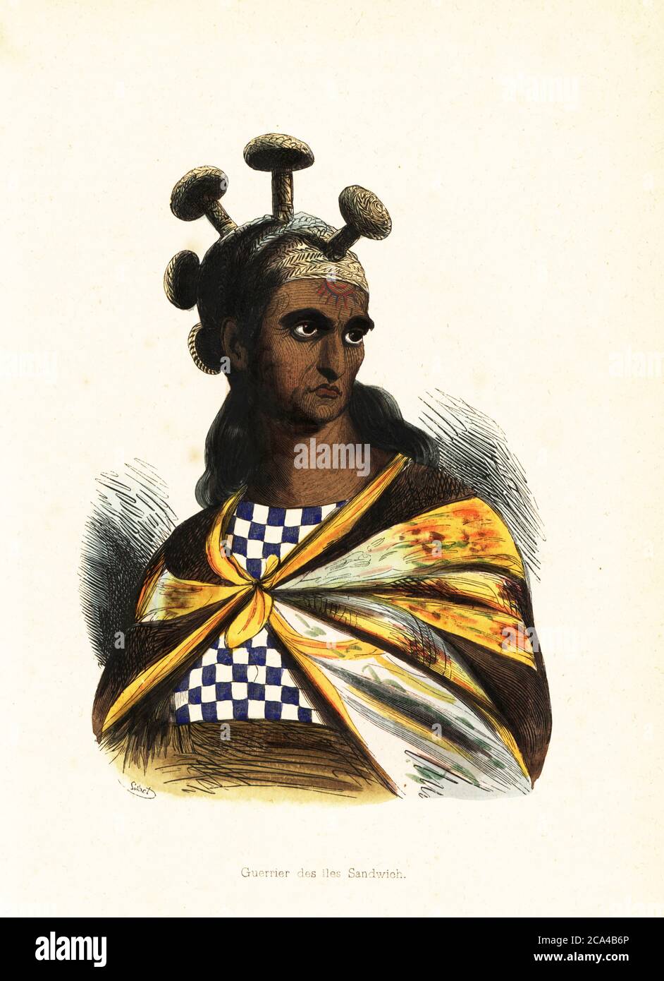 Guerrier des îles hawaïennes. Il porte une coiffure ornée de champignons, de tatouages, de cape et de chemise à carreaux (un tatouage dans l'original). Guerrier des Iles Sandwich. Adapté d'une illustration de Jacques Arago dans le Voyage de l'Uranie de Louis de Freycinet, 1820. Coupe de bois faite à la main par Lisbet d'après Jacques Arago, d'Auguste Wahlen, auteurs, usages et costumes de tous les clochers du monde, (manières, coutumes et costumes de tous les peuples du monde) Librairie Historique-Artistique, Bruxelles, 1845. Wahlen était le pseudonyme de Jean-François-Nicolas Loumyer (1801-1875), écrivain et archi Banque D'Images