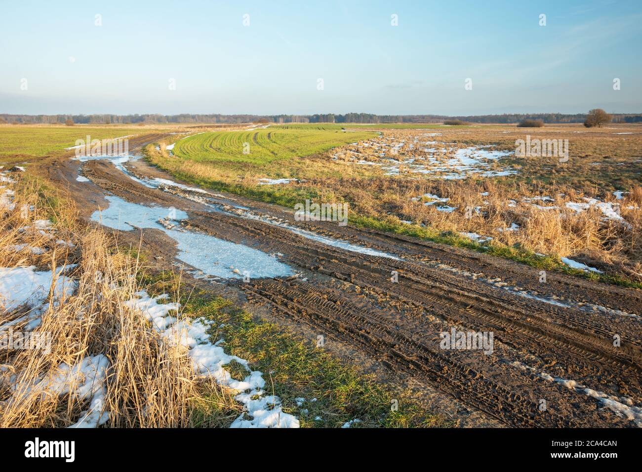 Route boueuse et gelée à travers les terres agricoles, vue en hiver Banque D'Images