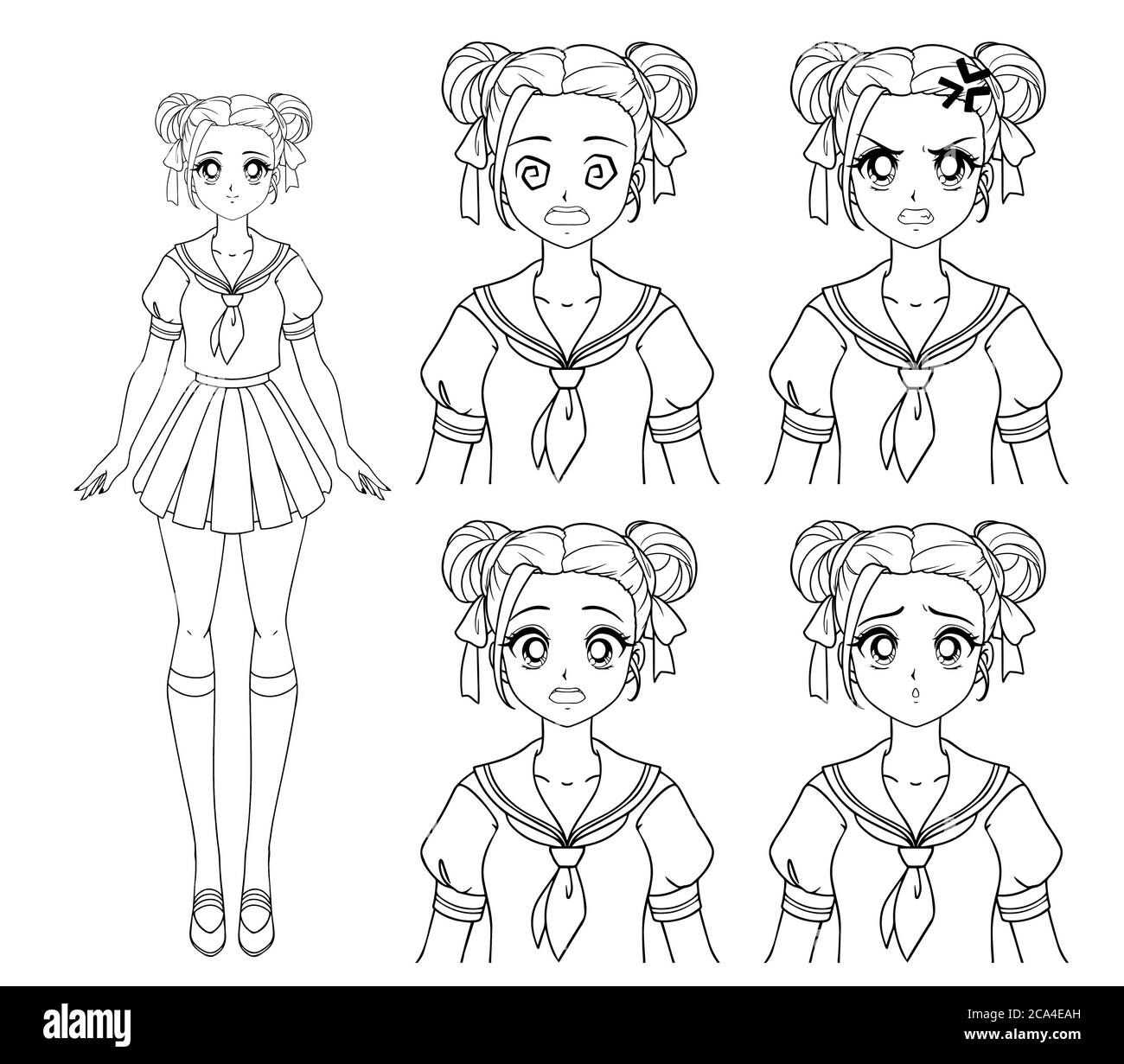 Mignonne fille de manga portant l'uniforme scolaire japonais. Ensemble de  quatre expressions différentes. Triste, heureux, en colère, peur.  Illustration vectorielle dessinée à la main. Isoler Image Vectorielle Stock  - Alamy