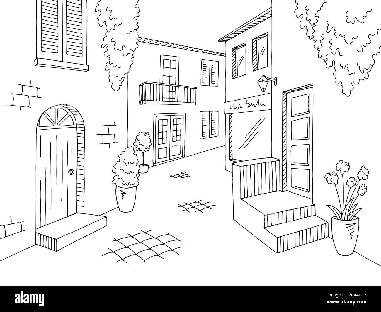 Vieille ville graphique ville noir blanc paysage dessin illustration vecteur Illustration de Vecteur