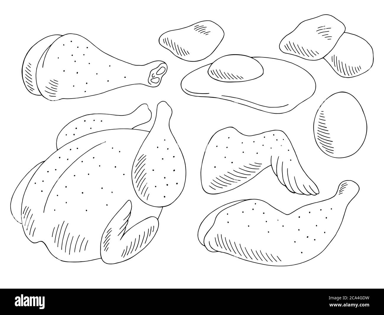 Ensemble de nourriture de poulet graphique noir blanc isolé croquis vecteur d'illustration Illustration de Vecteur