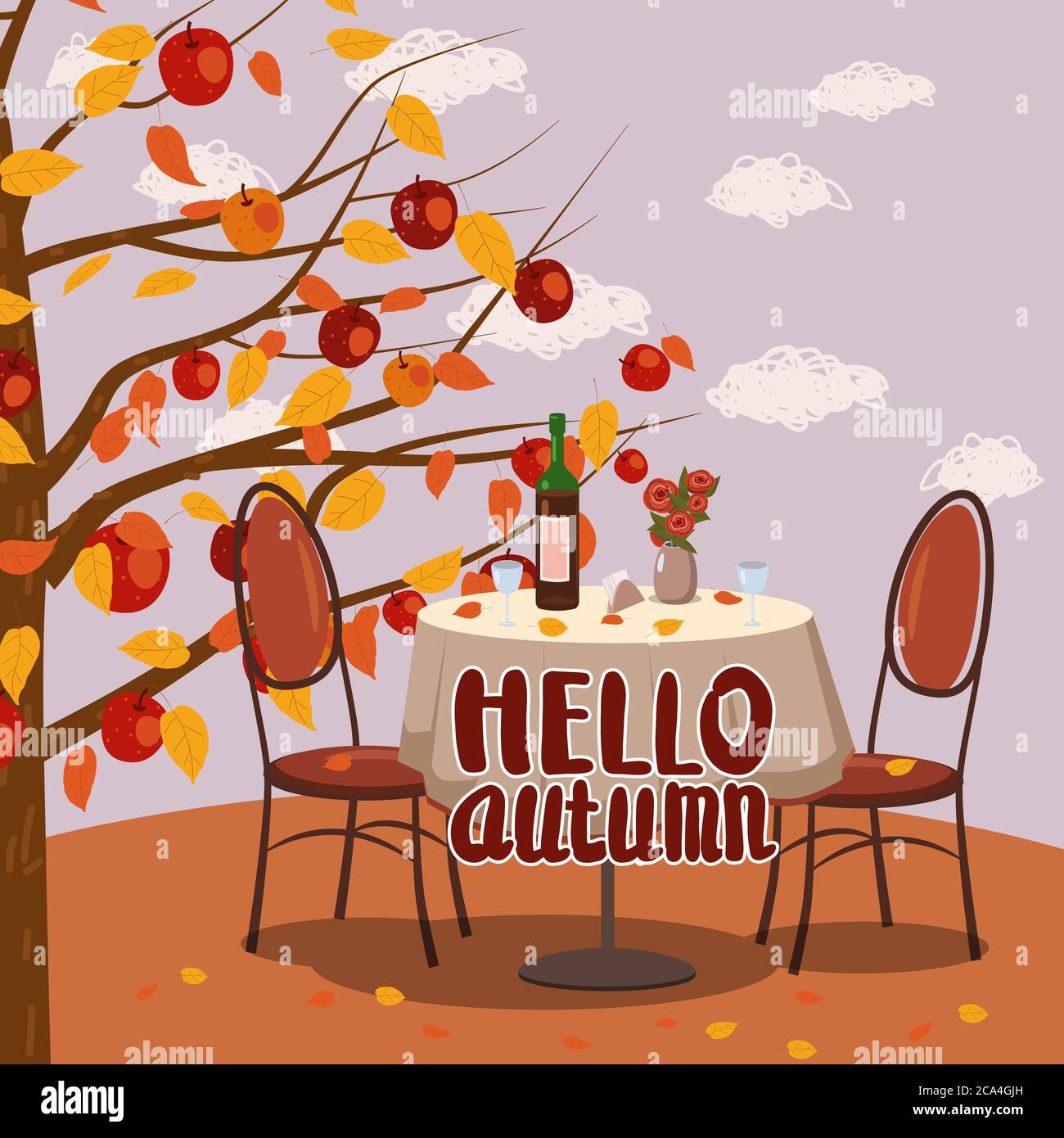 Bonjour table de café d'automne avec vin pour deux personnes branches d'automne de feuilles de feuillage tombant, chaises fleurs dans le parc humeur romantique. Isolé Illustration de Vecteur