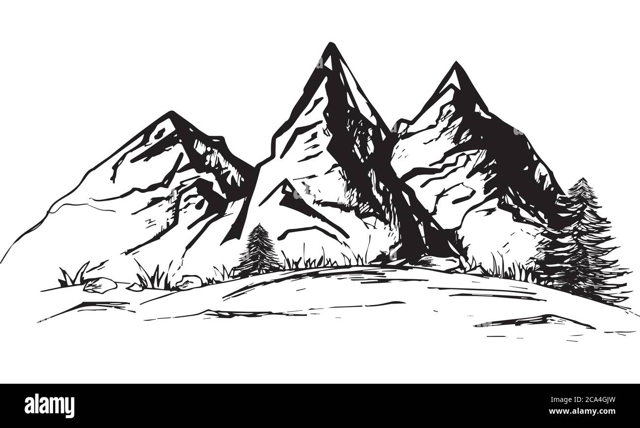 paysage, silhouette de montagne, dessin à main levée, illustration noire et blanche vectorielle sur fond blanc Illustration de Vecteur