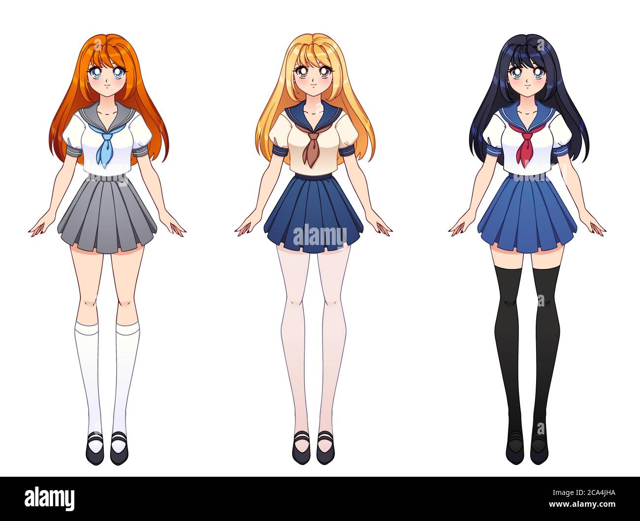 Ensemble de trois filles d'anime. Jolies filles avec de grands yeux et  portant l'uniforme scolaire japonais. Illustration vectorielle dessinée à  la main isolée sur blanc Image Vectorielle Stock - Alamy
