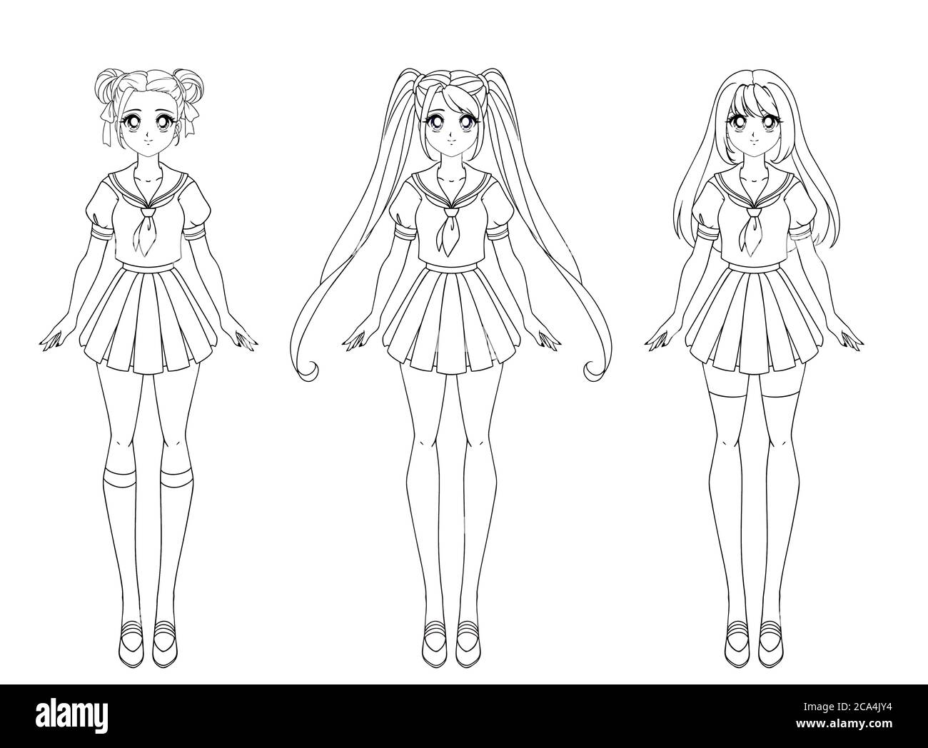 Ensemble de trois filles d'anime. Jolies filles avec de grands yeux et  portant l'uniforme scolaire japonais. Illustration vectorielle dessinée à  la main isolée sur blanc. Image de contour Image Vectorielle Stock -