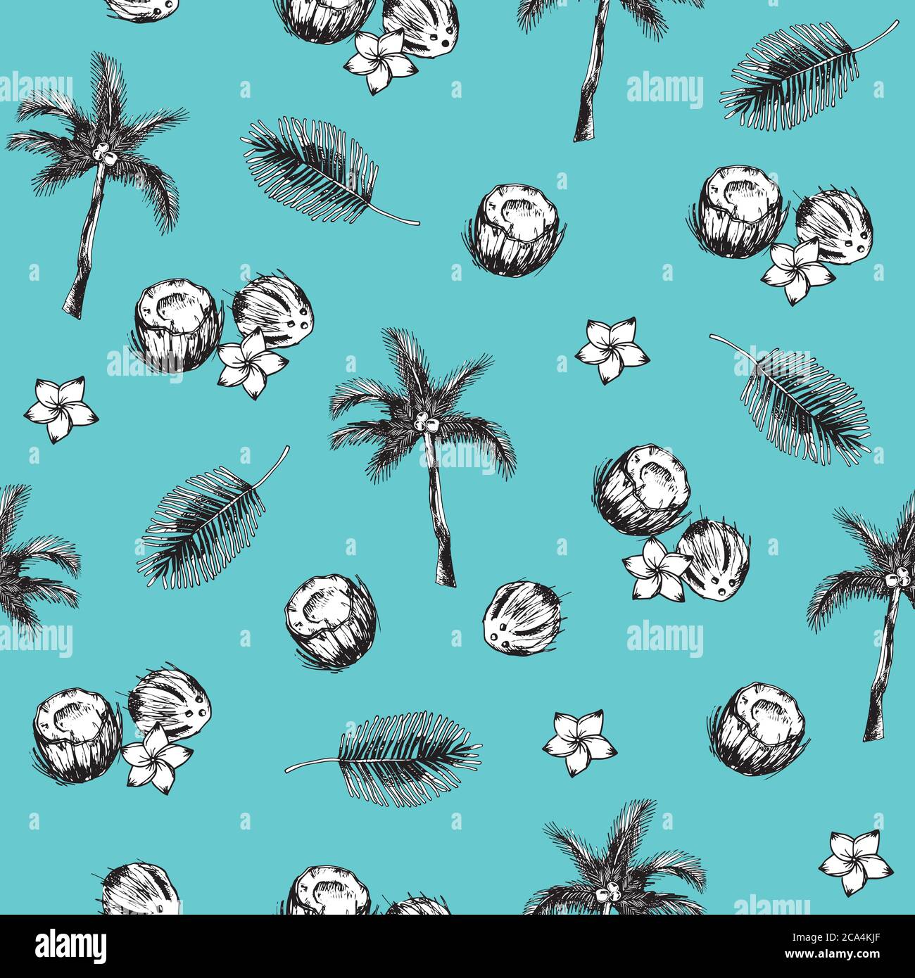 Motif vectoriel sans couture avec noix de coco, palmiers, feuilles sur fond bleu. Arrière-plan tropical abstrait de style rétro. Facile à utiliser pour la toile de fond Illustration de Vecteur