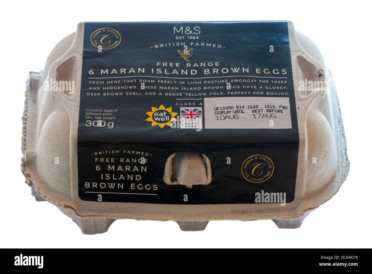 M&S British élevage Free Range 6 Maran Island oeufs bruns - provenant de poules qui se déplacent librement dans un pâturage luxuriant parmi les arbres et les haies - boîte en carton d'oeufs Banque D'Images