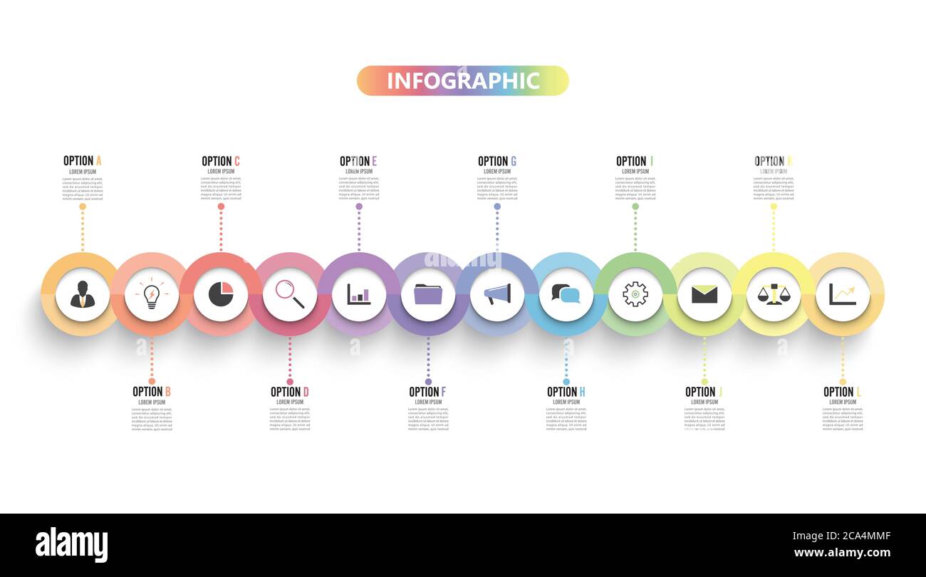 Modèle Timeline Infographie colorée horizontale numérotée pour 12 options. Modèle de bannière de présentation, présentation de flux de travail, diagramme de processus, flux Illustration de Vecteur