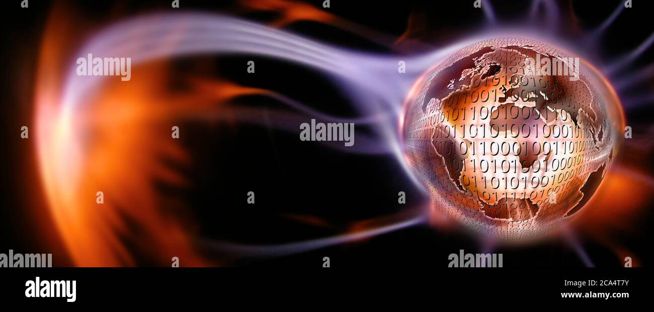 La lumière tombe sur un globe recouvert de chiffres binaires Banque D'Images