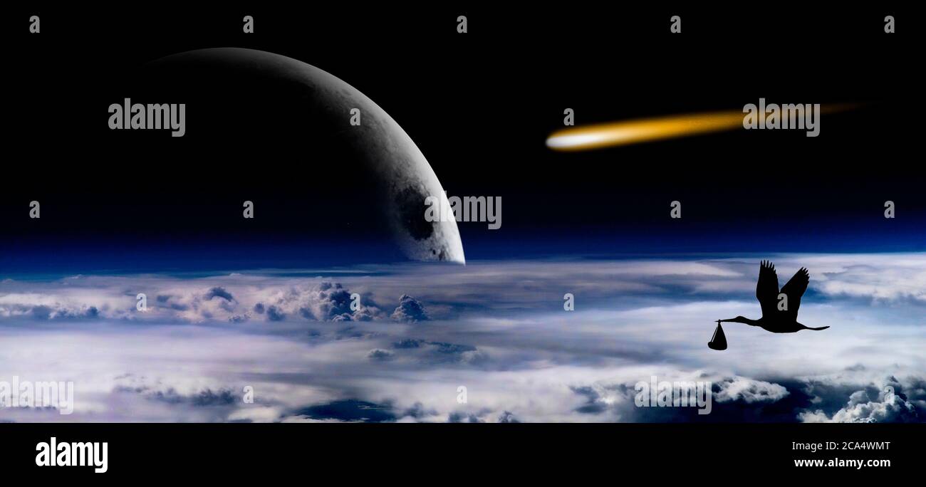 Porc volant avec bébé en paquet tenu dans le bec et lune en arrière-plan Banque D'Images