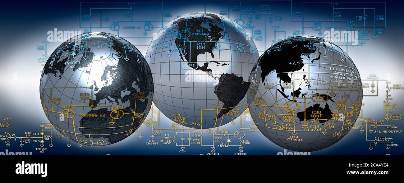 Trois globes avec diagramme électronique Banque D'Images