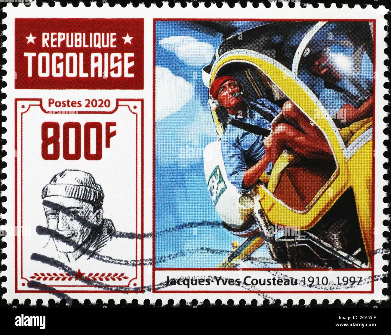 Jacques-Yves Cousteau en hélicoptère, timbre-poste Banque D'Images