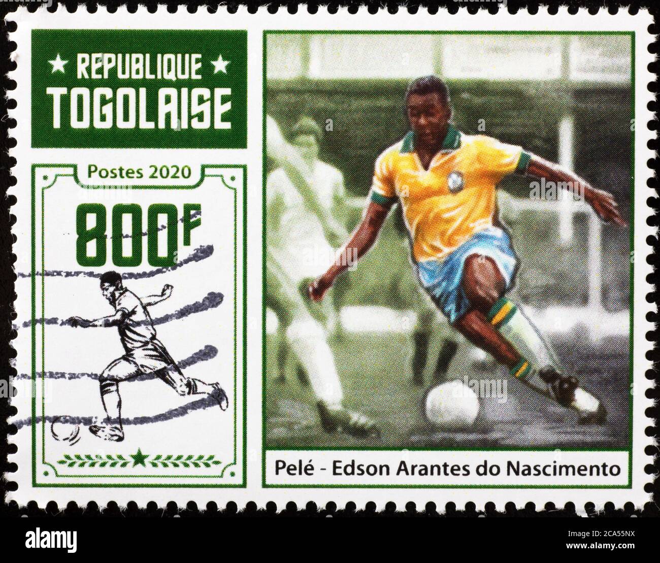 Pelé en action comme joueur de foot sur un timbre Banque D'Images