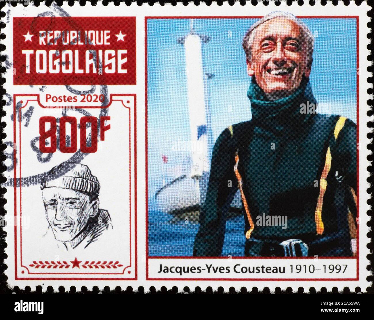 Portrait de Jacques-Yves Cousteau sur timbre-poste Banque D'Images