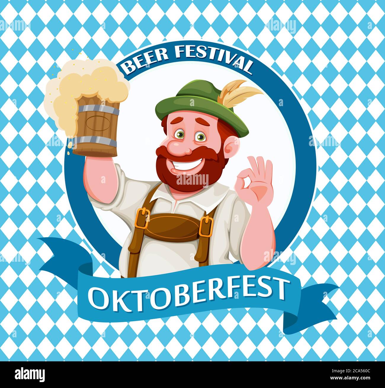 Homme en vêtements bavarois, personnage de dessin animé drôle. Festival de la bière de Munich Oktoberfest. Illustration vectorielle sur fond bleu clair Illustration de Vecteur