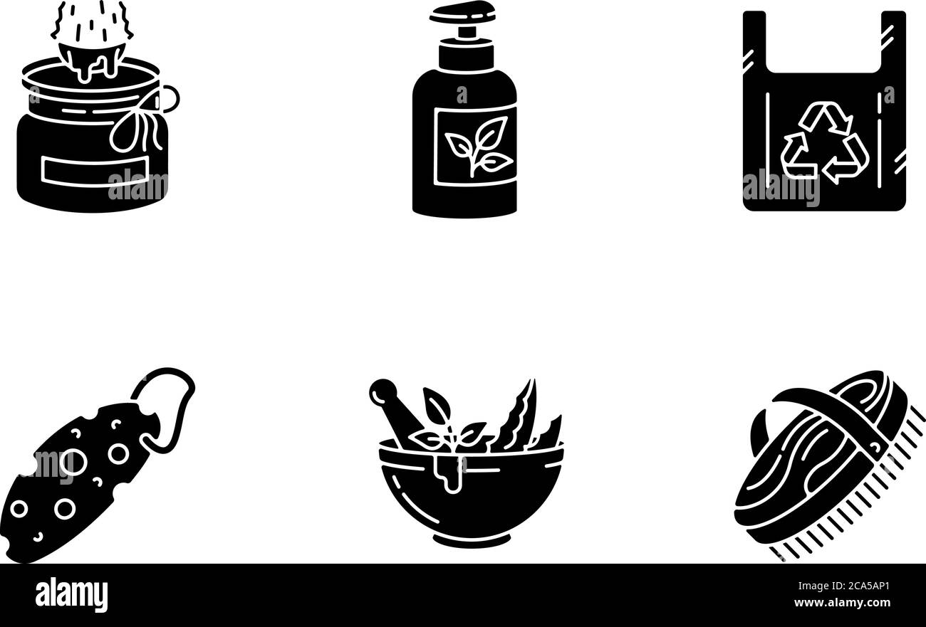 Produits écologiques icônes de glyphe noir sur espace blanc. Symboles de style de vie durable, zéro déchet silhouette. Cosmétiques biologiques, sac réutilisable et Illustration de Vecteur