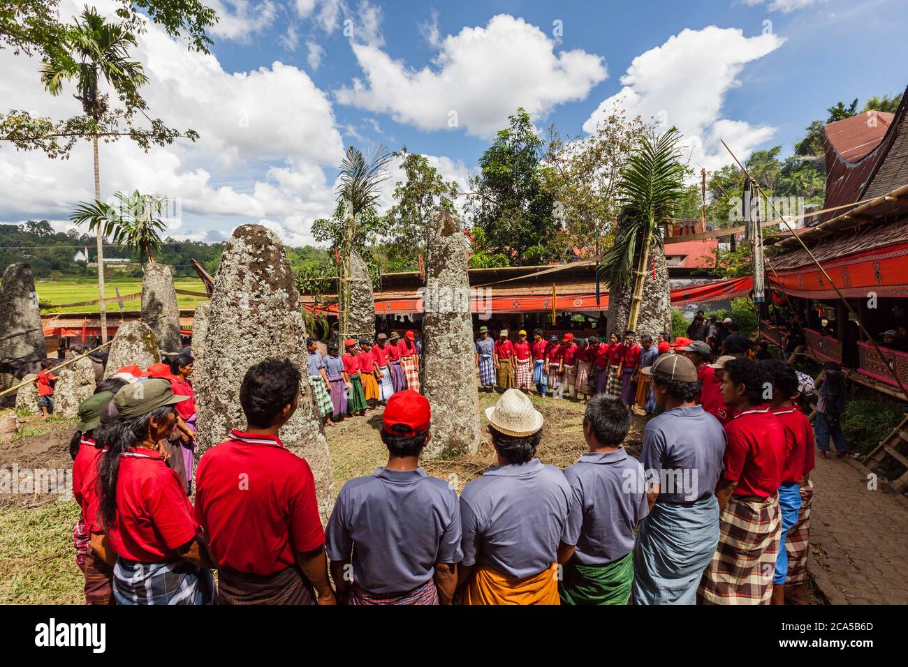 Indonésie, Sulawesi, Tana Toraja, Bori, hommes chantant autour des mégalithes funéraires de Kalimbuang Banque D'Images