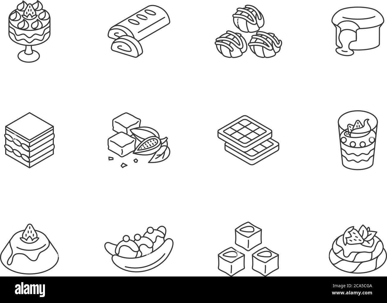 Desserts de renommée mondiale, icônes linéaires. Bonbons traditionnels. Délice turc. Gâteau de lave au chocolat. Brownies. Tiramisu. Contours de ligne mince s personnalisables Illustration de Vecteur