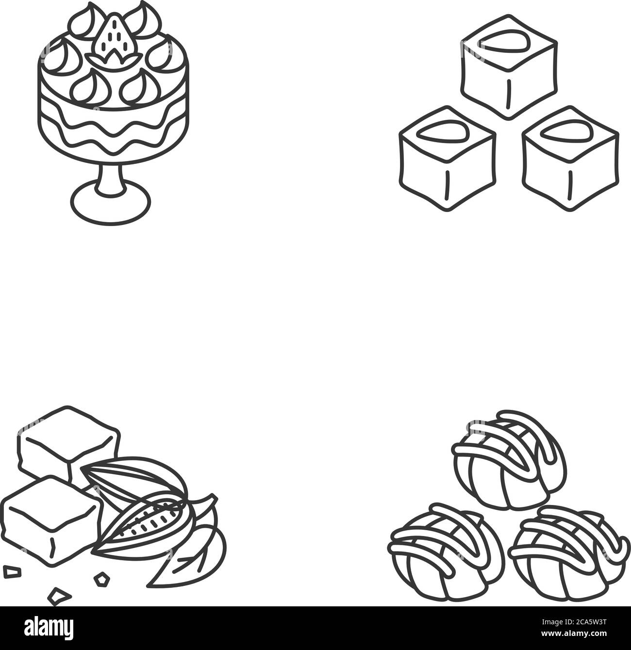 Jeux d'icônes linéaires de bonbons traditionnels. Profiteroles. Brownies classiques. Délice turc. Trifle avec fraises. Symboles de contour de ligne mince personnalisables Illustration de Vecteur