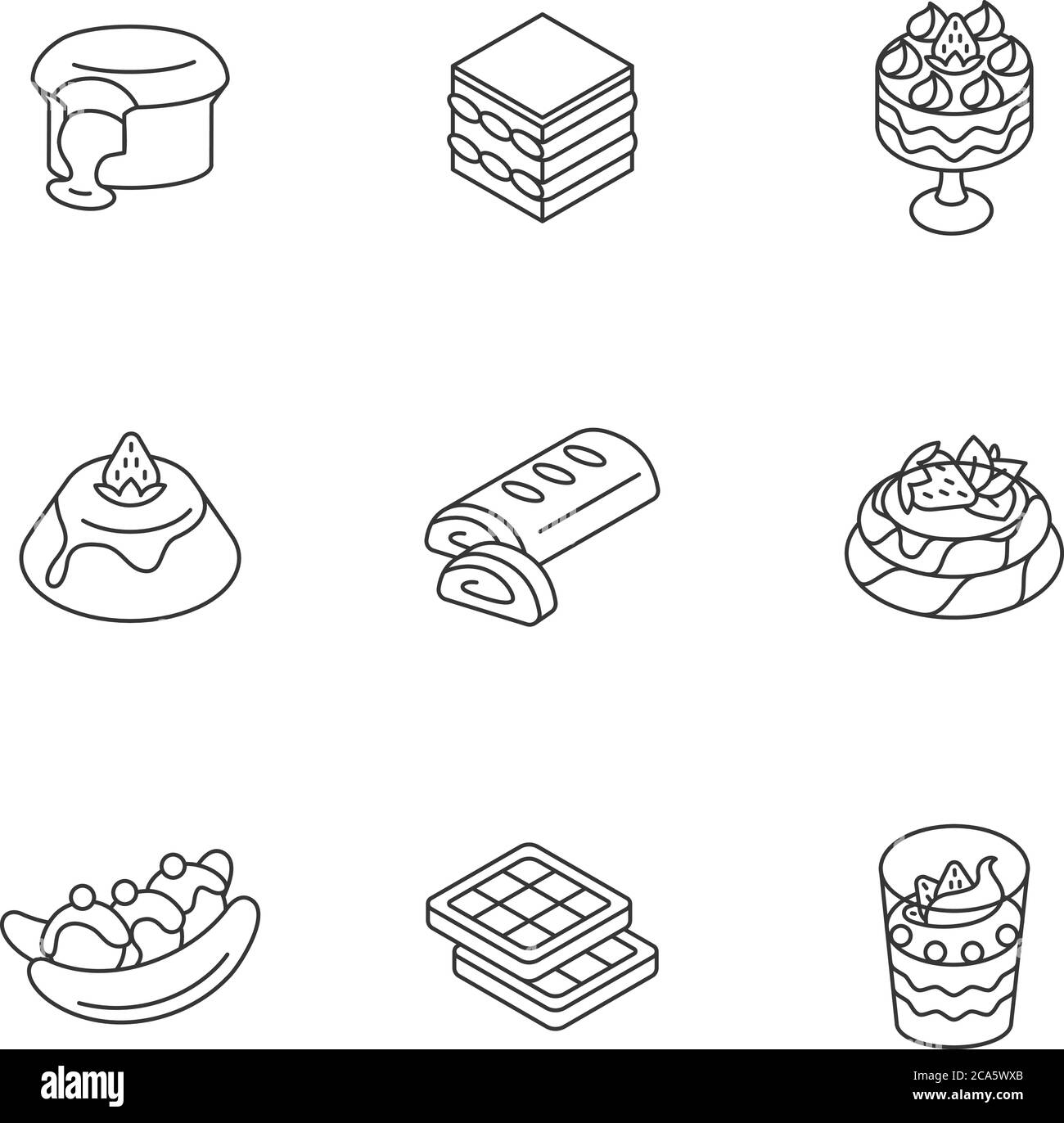 Desserts traditionnels icônes linéaires ensemble. Cuisine européenne. Sucreries italiennes et françaises. Pavlova. Gaufres liégeoises. Strudel aux pommes. Ligne fine personnalisable cont Illustration de Vecteur