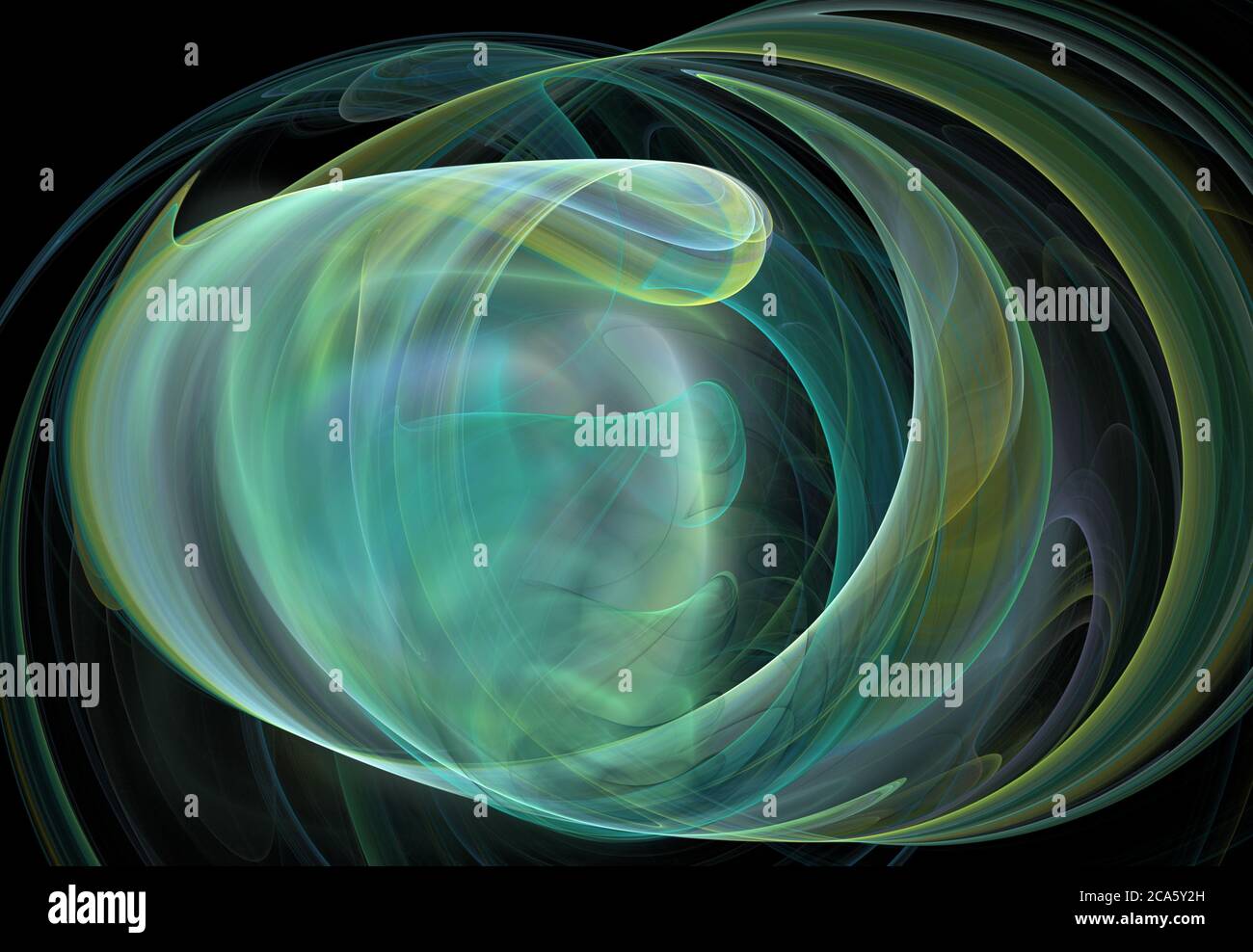 Spirales abstraites bleu-vert sur fond noir Banque D'Images