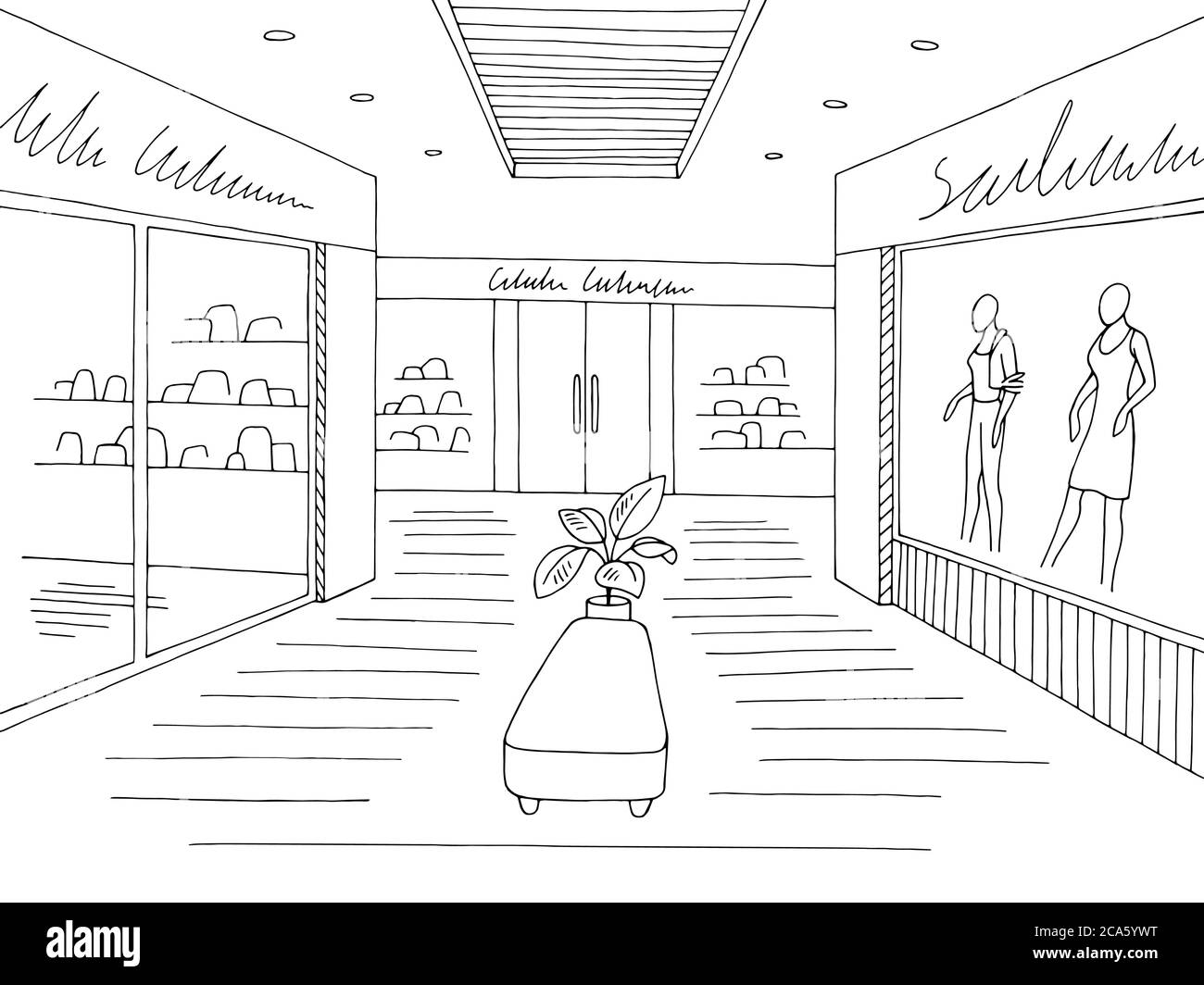 Illustration vectorielle d'un dessin d'intérieur noir blanc graphique de centre commercial Illustration de Vecteur