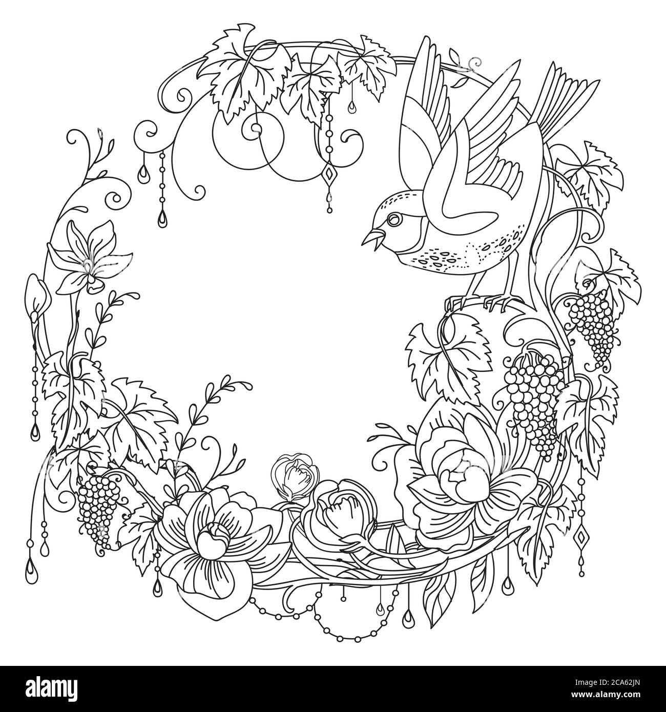 Couronne décorative à motif vectoriel d'oiseau et de raisin et de fleurs en cercle. Illustration décorative contour noir isolé sur blanc. Pour d Illustration de Vecteur