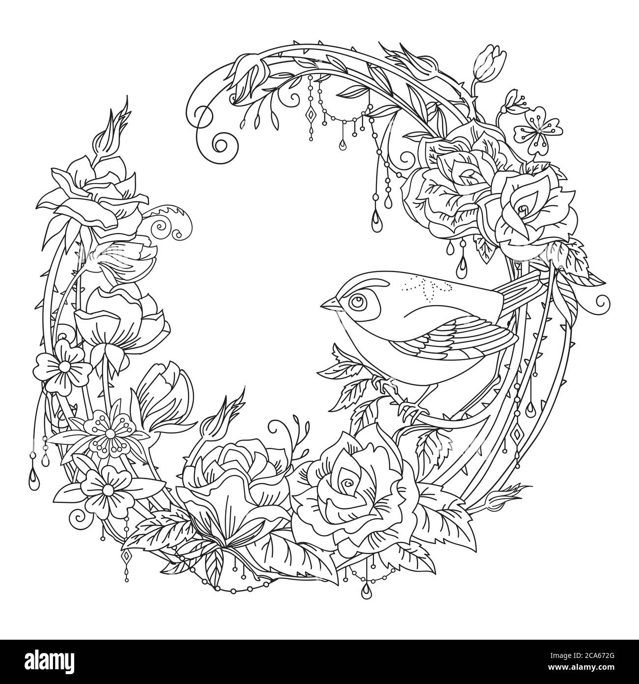 Couronne décorative à motifs vectoriels avec de jolis oiseaux et fleurs en cercle. Illustration décorative dessin de contour noir isolé sur blanc. Pour Illustration de Vecteur