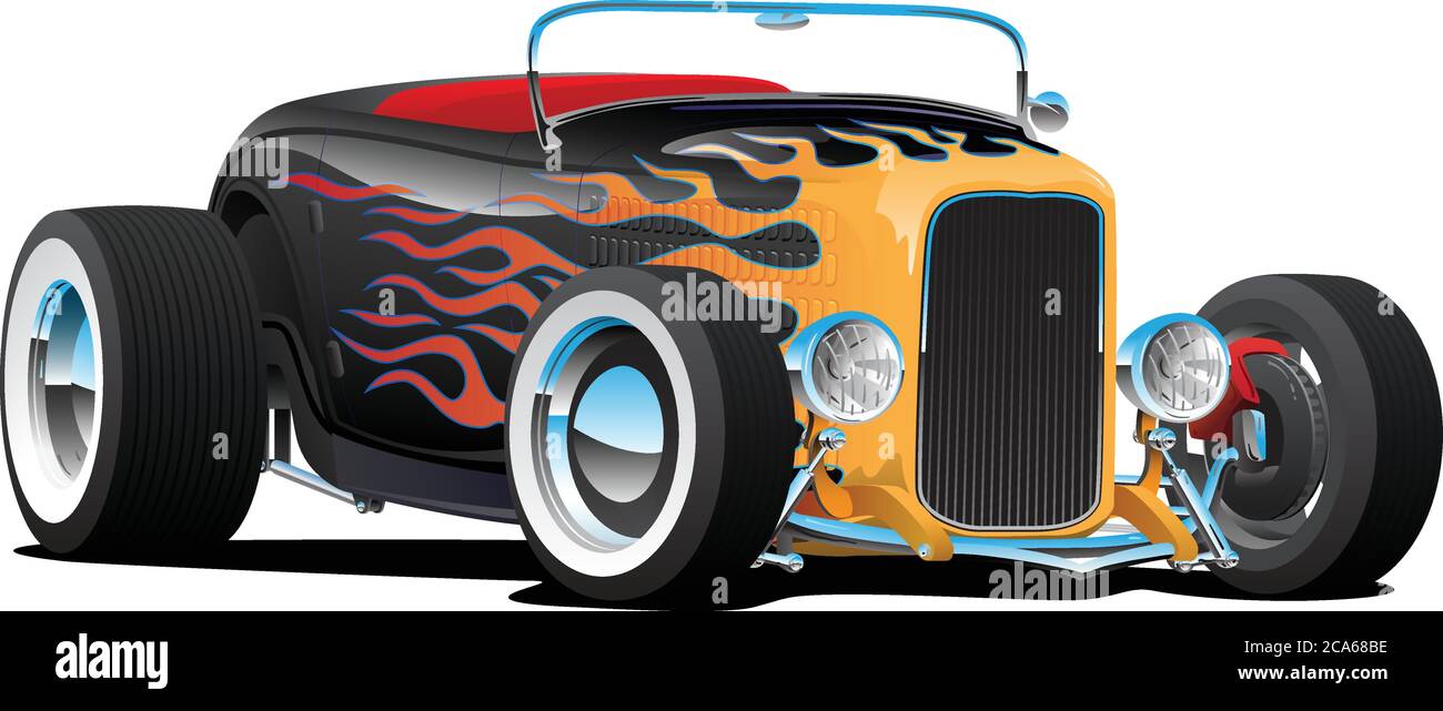 Voiture de roadster à tige chaude personnalisée avec flammes, jantes chromées et pneus à paroi blanche, illustration du vecteur isolé Illustration de Vecteur