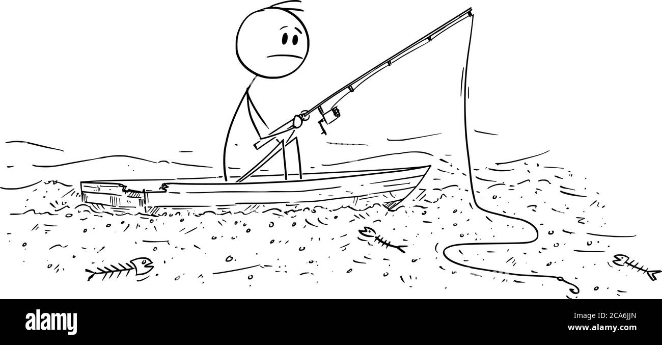 Dessin vectoriel de bâton de dessin dessin illustration conceptuelle de l'homme de pêche de poissons sur la rivière sèche ou la mer a changé dans le désert. Concept d'affaires ou d'écologie. Illustration de Vecteur