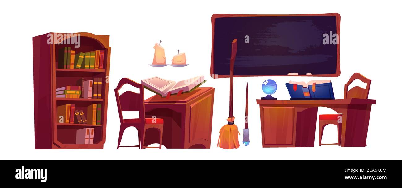 Intérieur de l'école magique avec livre ouvert de charme, tableau noir et bibliothèque. Ensemble de dessin animé vectoriel de meubles dans la salle de sorcière ou d'assistant, balai, bougies et baguette magique magicien Illustration de Vecteur