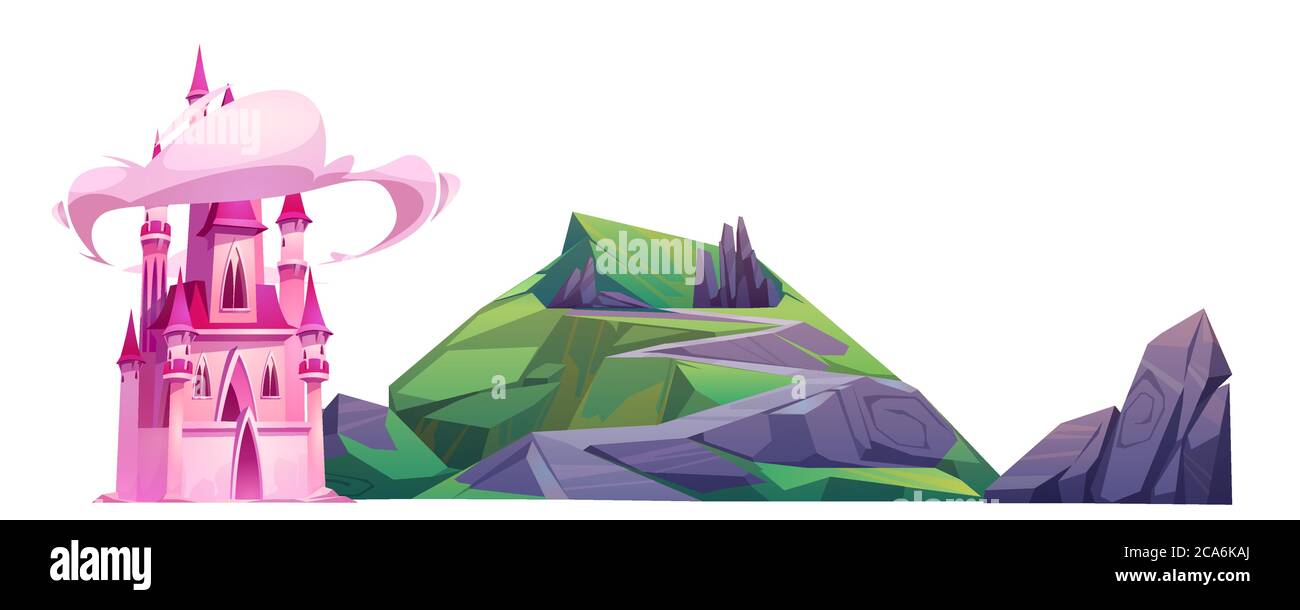 Château rose magique et colline isolée sur fond blanc. Illustration de dessin animé vectoriel d'un joli palais de princesse dans un royaume de conte de fées avec des nuages autour des tours et de la montagne verte Illustration de Vecteur Château rose magique et colline isolée sur fond blanc. Illustration de dessin animé vectoriel d'un joli palais de princesse dans un royaume de conte de fées avec des nuages autour des tours et de la montagne verte Illustration de Vecteur