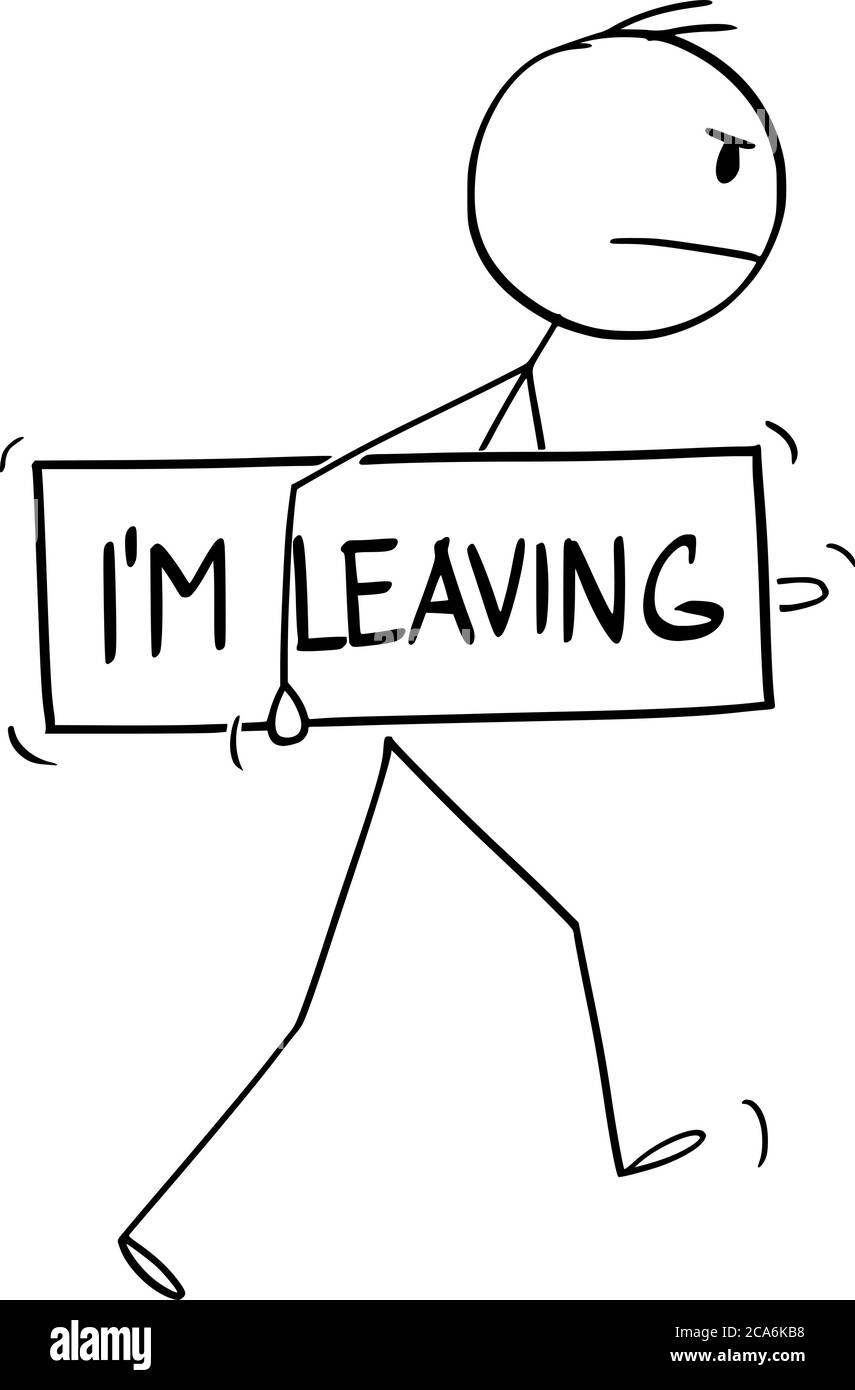 Vecteur bande dessinée figure dessin illustration conceptuelle de colère malheureux, mécontentement ou insatisfait homme marchant avec je suis signe de départ. Illustration de Vecteur