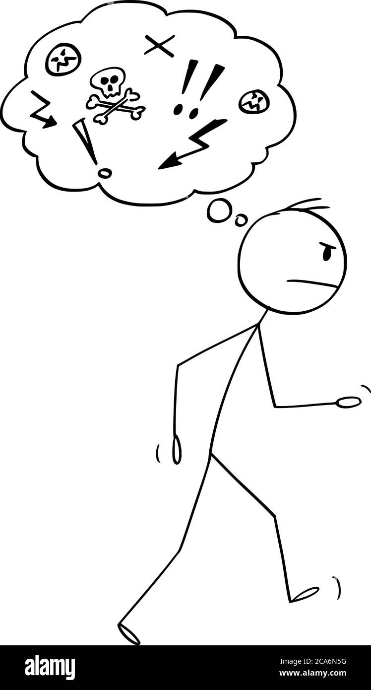 Dessin de dessin vectoriel de bâton de dessin illustration conceptuelle de l'homme en colère marchant avec la bulle de pensée ou le ballon avec des pictogrammes négatifs. Illustration de Vecteur