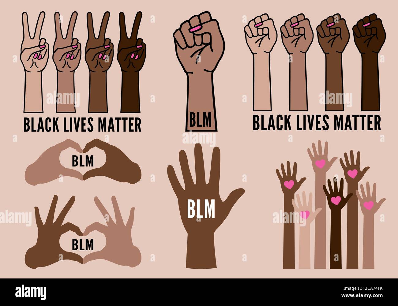 Black Lives Matter, blm, les mains des femmes protestent contre le racisme, les combats des brutes noires, illustration vectorielle Illustration de Vecteur