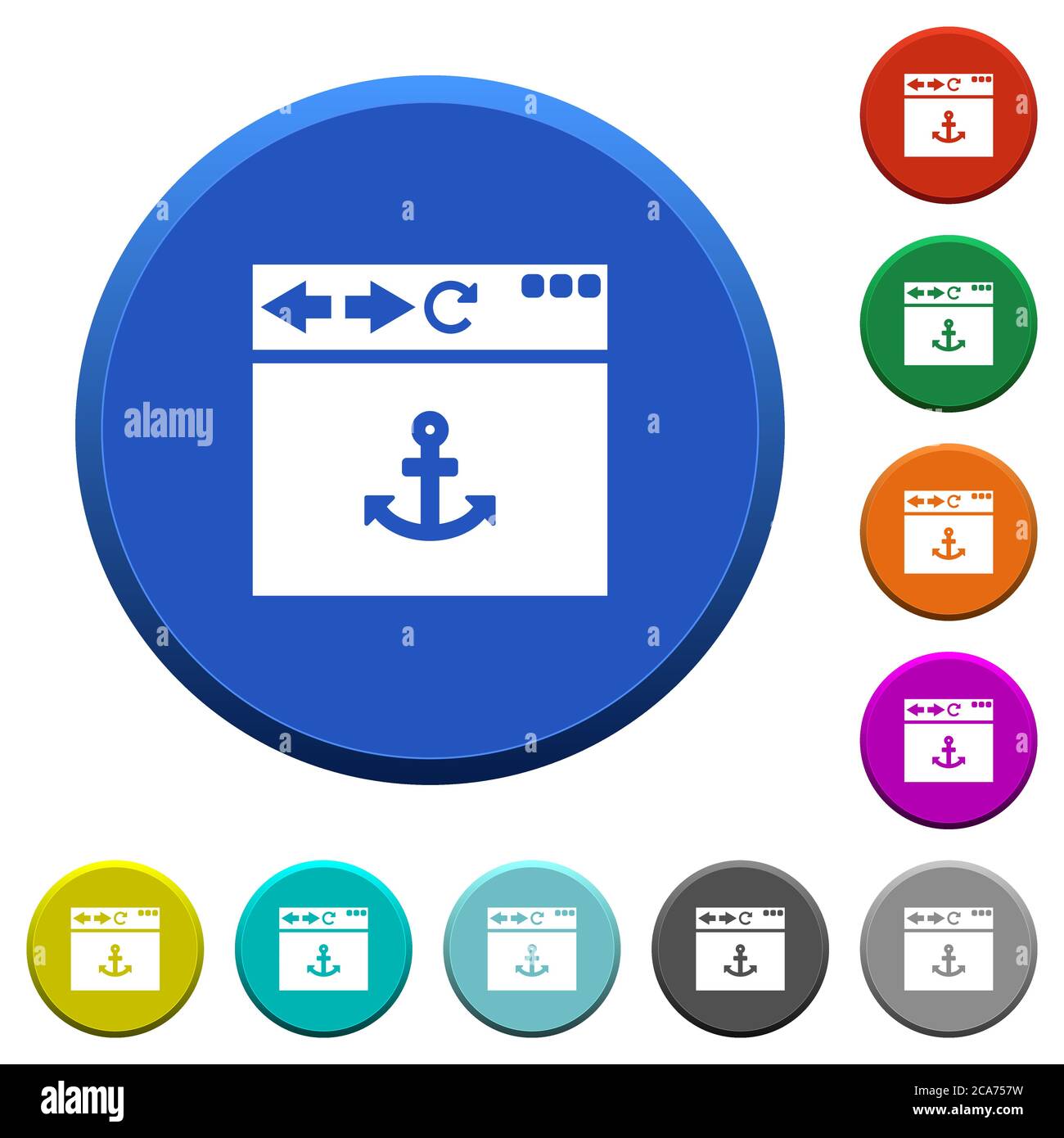 Bouton rond biseauté de couleur d'ancrage de navigateur avec surfaces lisses et icônes blanches plates Illustration de Vecteur