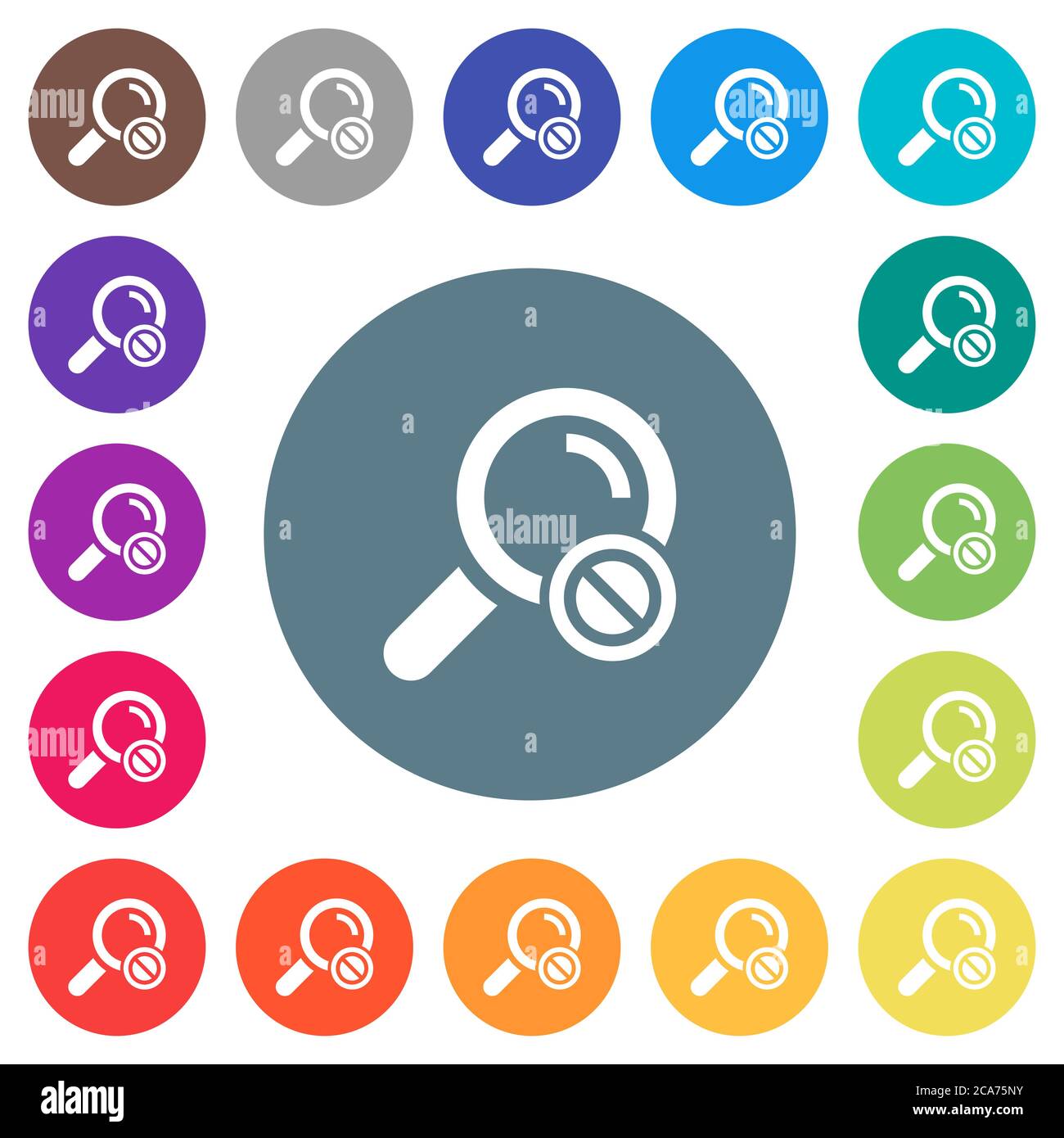 La recherche a désactivé les icônes blanches plates sur les arrière-plans de couleur ronde. 17 couleurs d'arrière-plan sont incluses. Illustration de Vecteur
