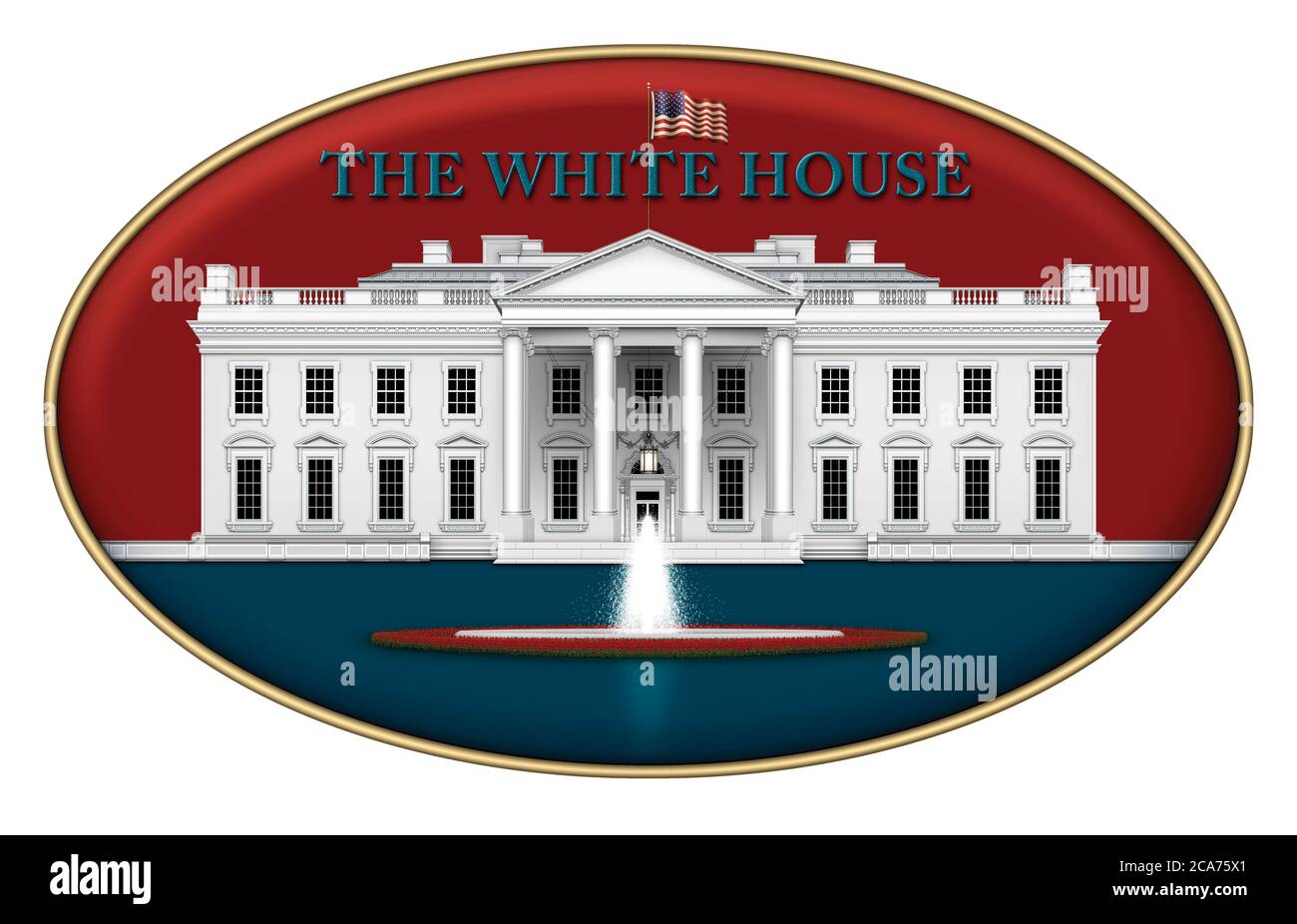 Illustration numérique de la vue nord de la Maison Blanche, du jardin de roses et de la fontaine – dans un design emblématique rouge et bleu. Illustration 3D Banque D'Images