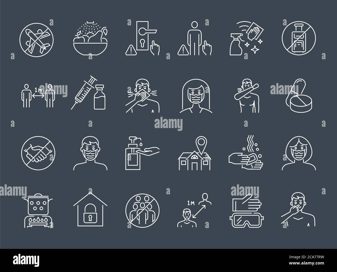 Icônes de vecteur de ligne mince de prévention des coronavirus. Illustration de Vecteur