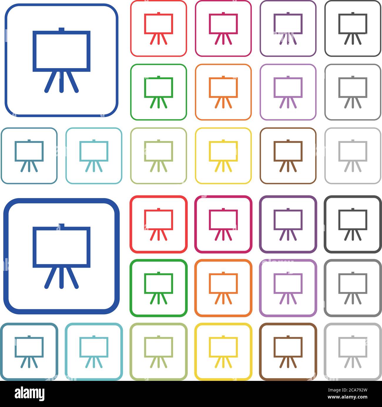 Chevalet avec des icônes plates de couleur toile vierges dans des cadres carrés arrondis. Versions minces et épaisses incluses. Illustration de Vecteur
