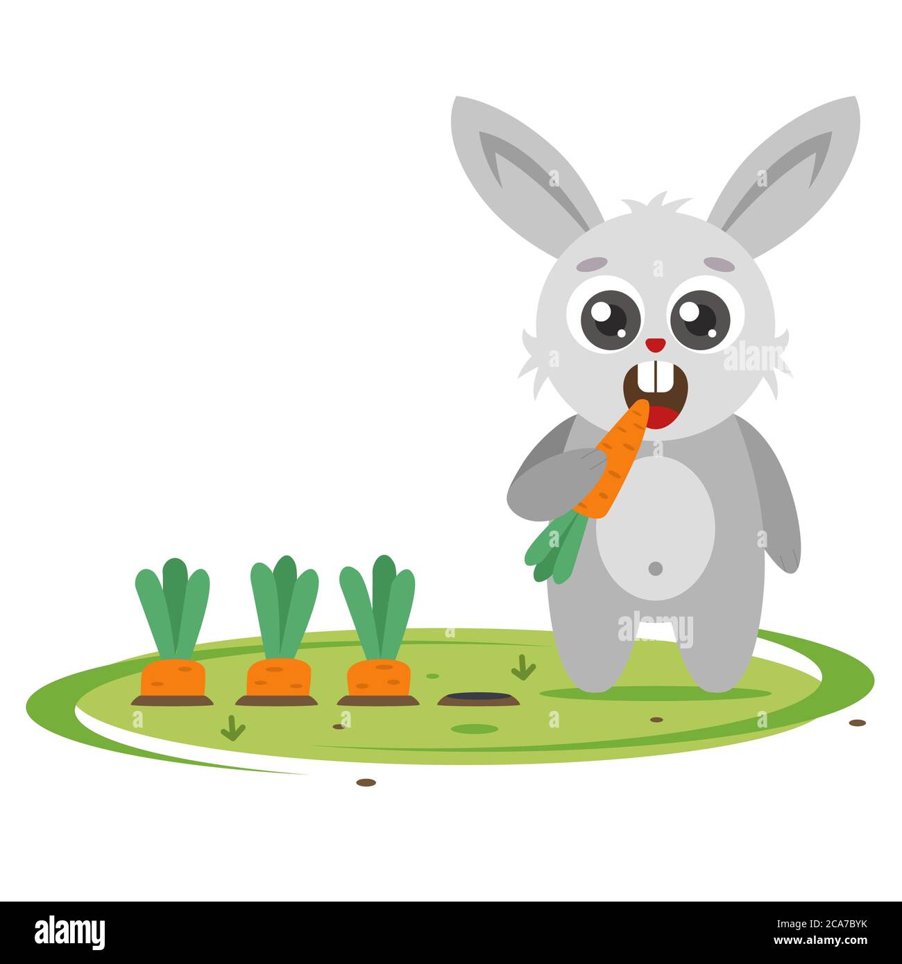 Le lapin gris fait des carottes dans le jardin. Ravageur agricole. Illustration vectorielle à caractères plats. Illustration de Vecteur