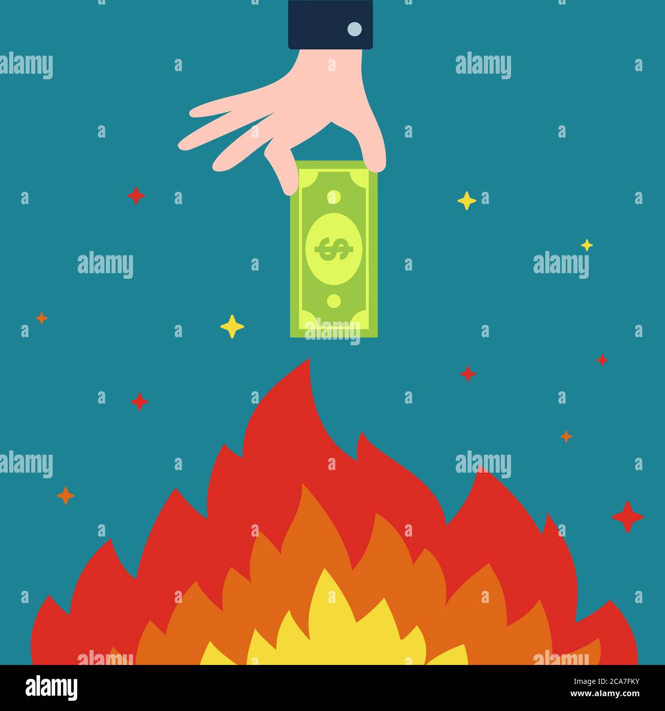 Main tient la facture de dollar sur feu de joie. La combustion de l'argent. illustration de vecteur plat Illustration de Vecteur