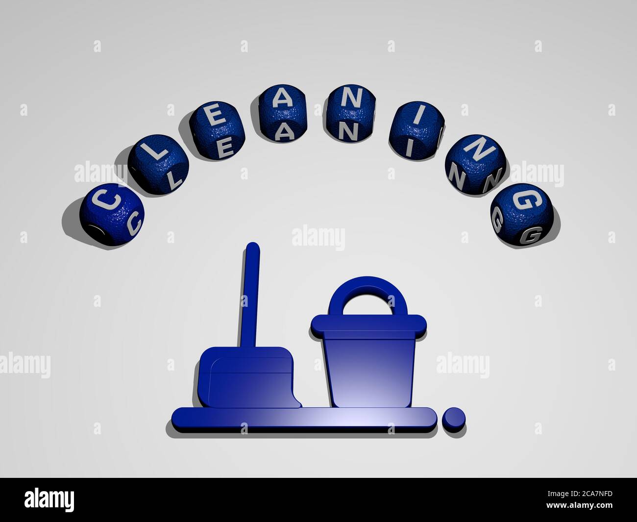 Illustration 3D de NETTOYAGE des graphiques et du texte autour de l'icône faite par des lettres de dés métalliques pour la signification du concept et des présentations. Fond et plus propre Banque D'Images