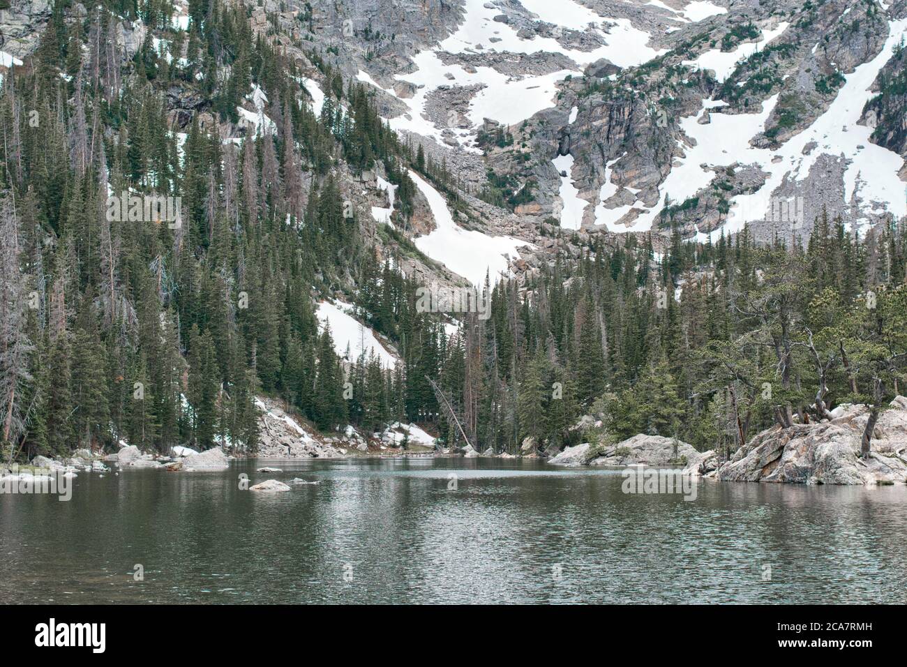 Lac de rêve dans le parc national des montagnes rocheuses colorado. Lac vert clair dans les Rocheuses. Neige dans les pins de peuplier faux-tremble visibles autour du lac Banque D'Images