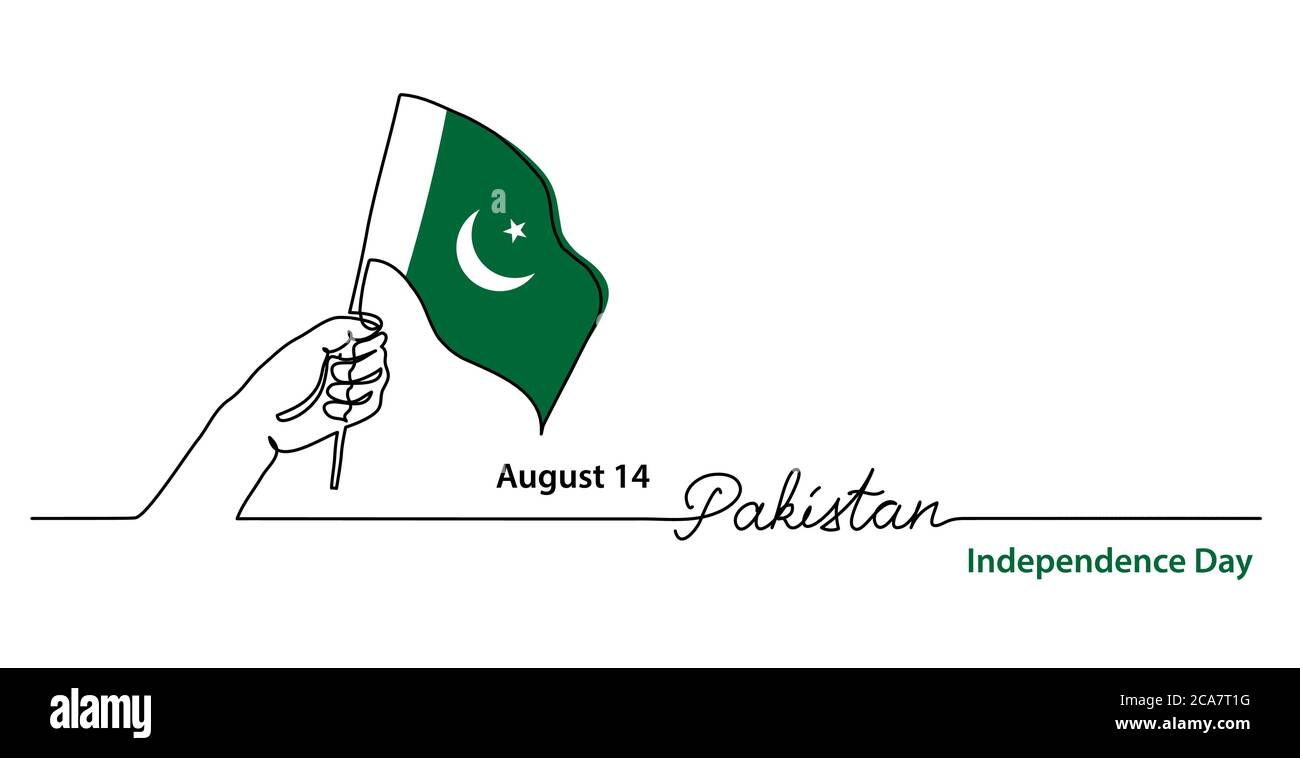 Pakistan jour de l'indépendance bannière web simple, fond avec drapeau et main. Une ligne continue avec lettrage Pakistan Illustration de Vecteur
