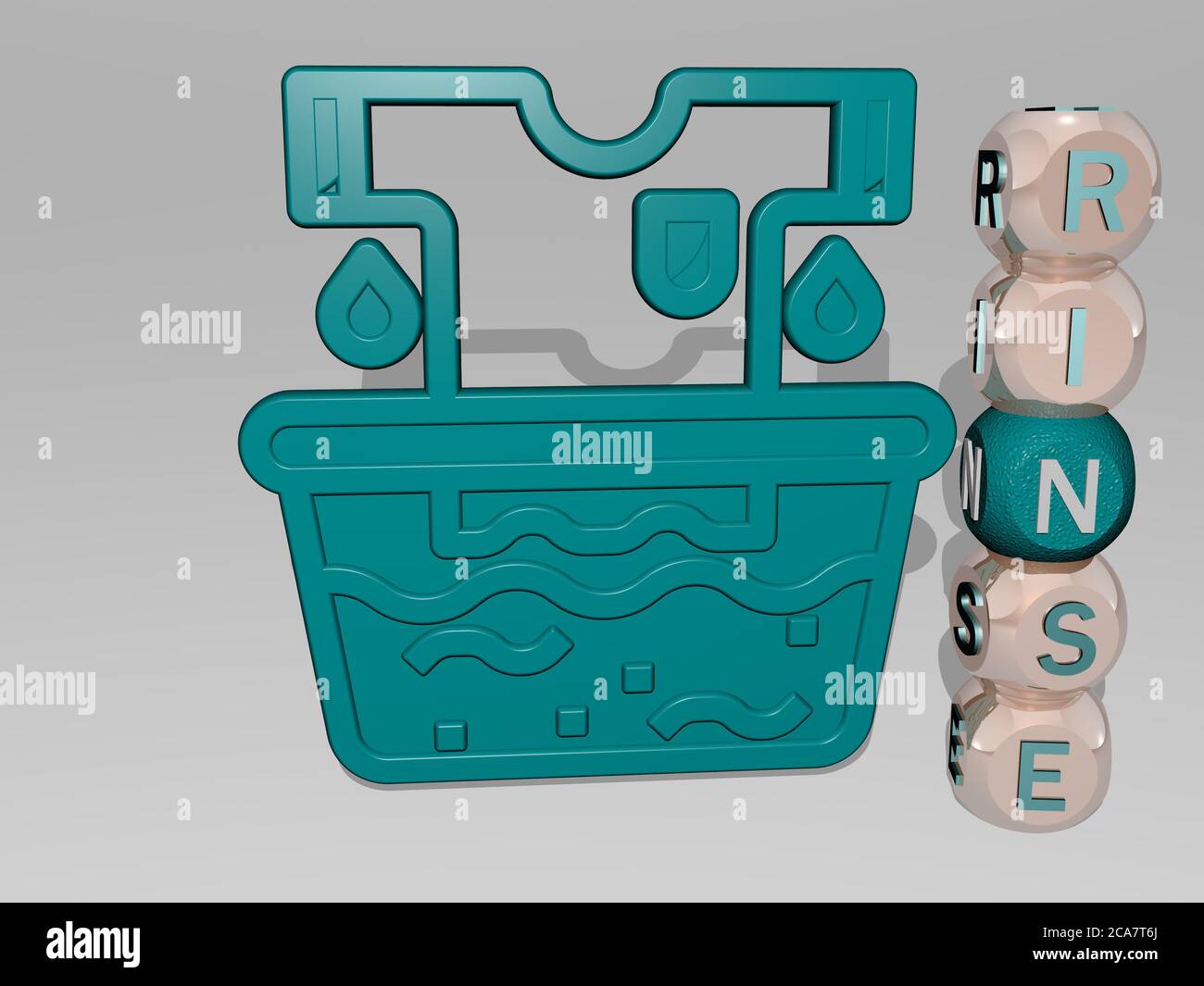 Illustration 3D des graphiques DE RINÇAGE et du texte autour de l'icône faite par des lettres de dés métalliques pour les significations connexes du concept et des présentations Banque D'Images