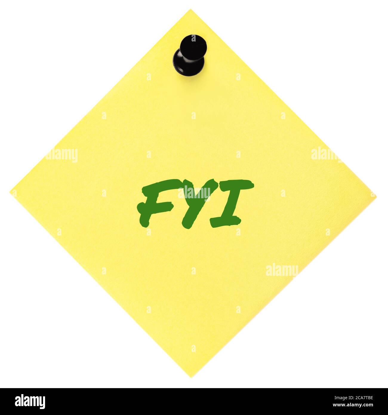 Pour votre information initialisme FYI marqueur vert acronyme écrit texte, isolé jaune post-it to-do liste autocollant d'abréviation de note autocollant, noir Banque D'Images