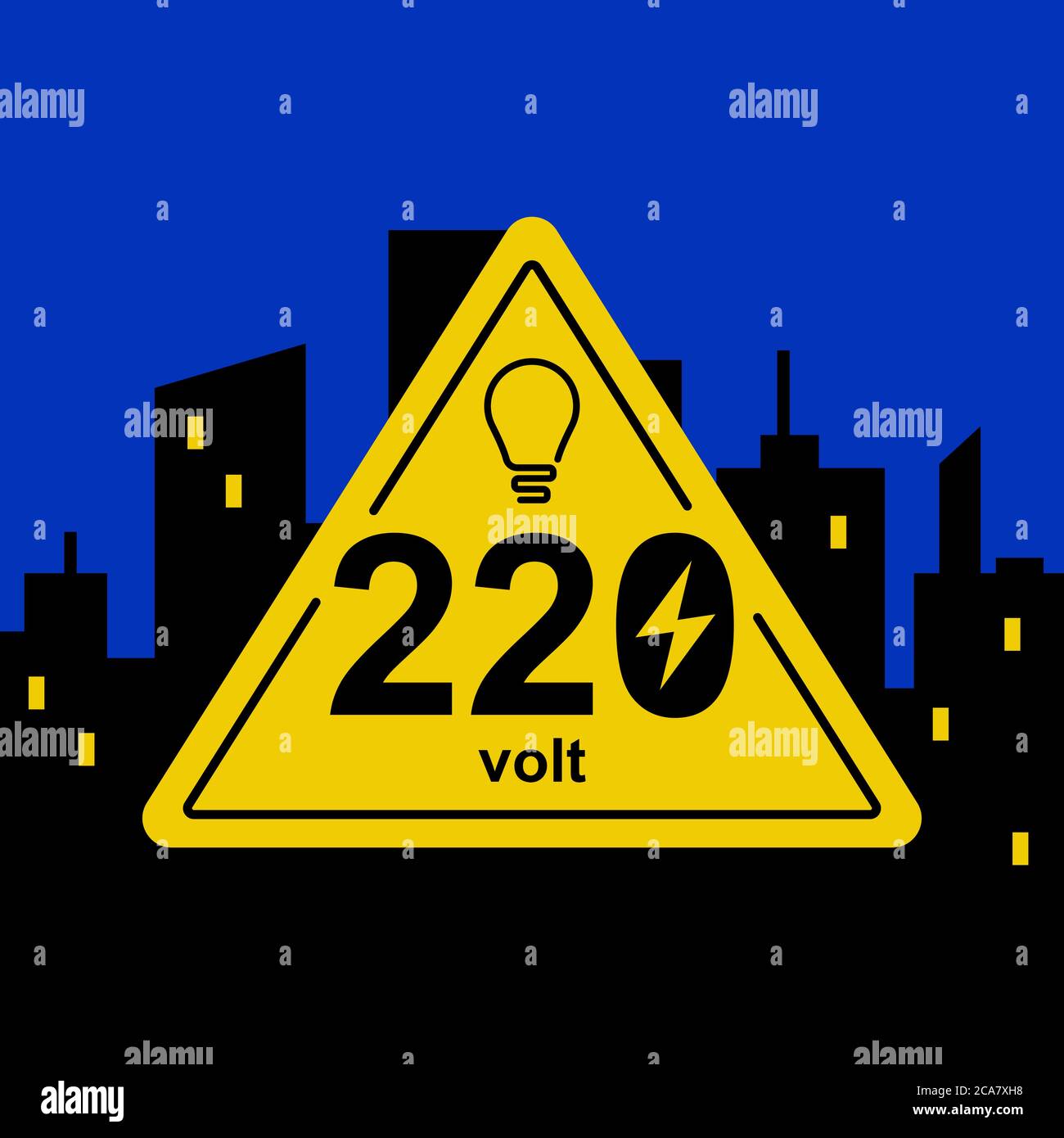 signe triangulaire jaune de 220 volts sur le fond de la ville de nuit. illustration vectorielle plate. Illustration de Vecteur